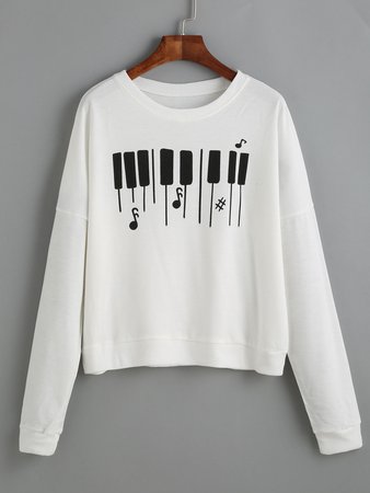 White Piano Keyboard Print Drop Shoulder Sweatshirt
