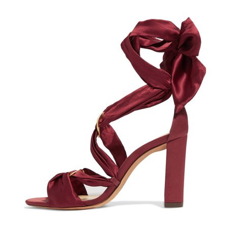 Burgundy Heels Satin Open Toe Chunky Heel Strappy Sandals by FSJ for Work, Formal event, Party, Night club, Dancing club, Date, Wedding, Big day, Going out, Hanging out, Red carpet | FSJ