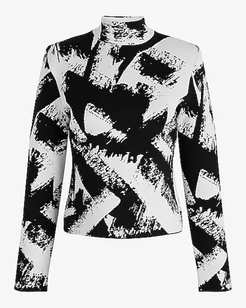 Printed Mock Neck Padded Shoulder Sweater | Express