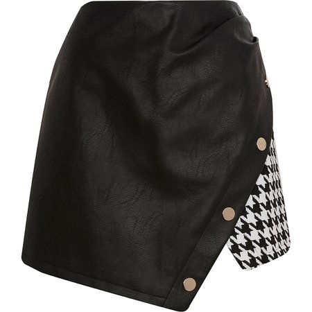 Black houndstooth print wrap mini skirt | River Island