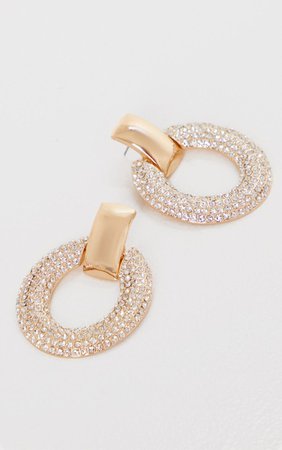 Gold Diamante Oval Large Door Knocker Earrings | PrettyLittleThing USA