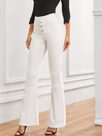 Solid Button Fly Flare Leg Jeans | SHEIN USA