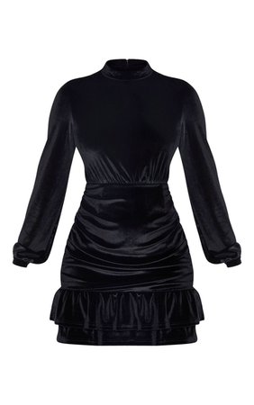 Black Velvet High Neck Ruched Frill Hem Bodycon Dress | PrettyLittleThing USA