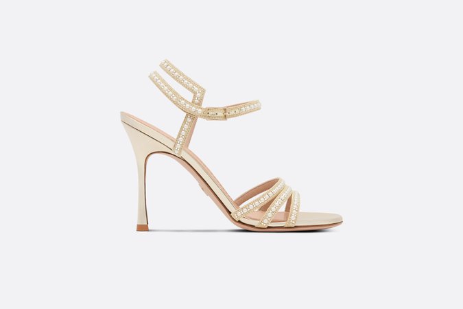 Dior Gem Heeled Sandal Cotton Embroidered with Gold-Tone Metallic Thread and White Beads and Strass | DIOR