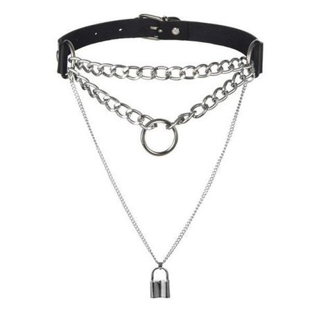 Black Leather Chain & Lock Layered Choker