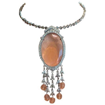 Art Deco Pale Pink Pendant on Rhinestone Choker : A Connoisseur's Collection | Ruby Lane