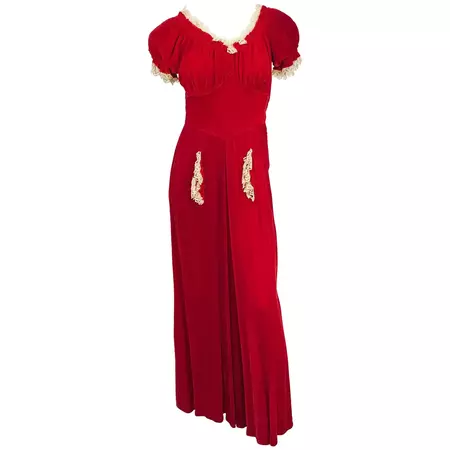 1930s Red Velvet and Lace Bias Cut Dress at 1stDibs | 1930s red dress, bias cut dress 1930s, 1930s bias cut dress