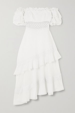 White Carmen asymmetric off-the-shoulder crochet-trimmed cotton-blend midi dress | Charo Ruiz | NET-A-PORTER