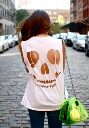White Skull Cut Out Round Neck Short Sleeve T-Shirt - T-Shirts - Tops