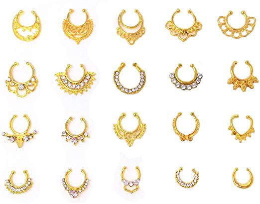 Amazon.com: Honbay 20pcs Fake Septum Clicker Nose Ring Rhinestone Non Piercing Hanger Clip Body Jewelry (Gold)