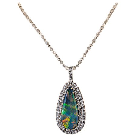 Tiffany and Co. 18 Karat White Gold Opal and Diamond Pendant, circa 1950s For Sale at 1stdibs