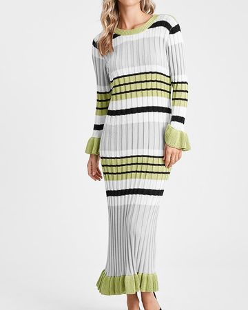 En Saison Striped Long Sleeve Knit Midi Dress