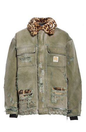 R13 Vintage Ripped Arctic Quilt Lined Jacket with Faux Fur Trim | Nordstrom