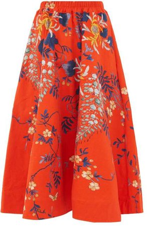 Daisy Floral Print Cotton Canvas Midi Skirt - Womens - Red Multi