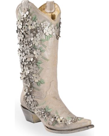 Corral Women's White Floral Overlay Embroidered Stud and Crystals Cowgirl Boots - Snip Toe | Boot Barn