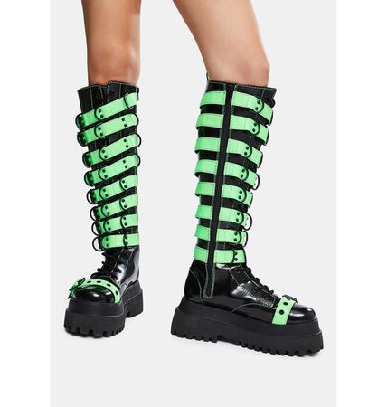 Current Mood Mega Strap Knee High Combat Boots - Black/Neon Green | Dolls Kill