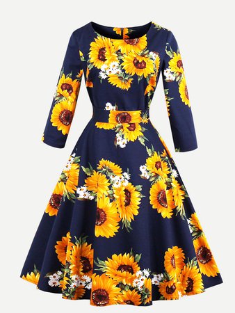 Random Sunflower Print Bow Tie Circle Dress