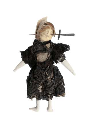 1909 ‘Poppet’ of stuffed fabric in Edwardian-style black dress with stiletto through face, South Devon, England