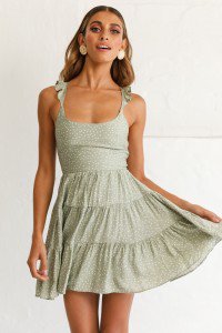 Buy the Allegra Fluted Hem Lace-Up Back Dress Olive | Selfie Leslie