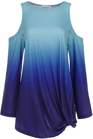 Kidsform Women's Cold Shoulder Tops Long Sleeve Tie Dye Knot Twisted Strappy Casual Solid Color Shirts Tunic Blouse Blue S at Amazon Women’s Clothing store