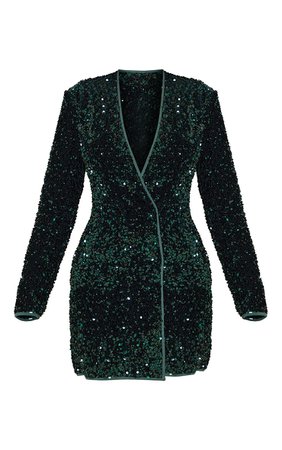 Emerald Green Premium Velvet Sequin Blazer Dress | PrettyLittleThing