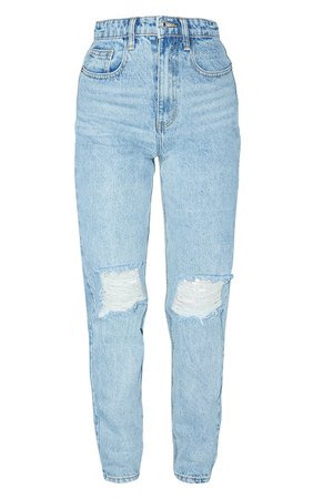PRETTYLITTLETHING LIGHT BLUE WASH KNEE RIP MOM JEANS