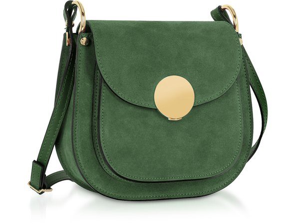 Le Parmentier Bottle Green Agave Suede and Smooth Leather Shoulder Bag at FORZIERI