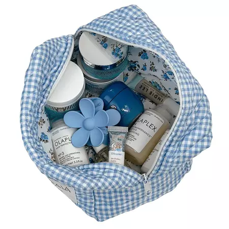 Estelle | Blue Gingham + Floral Quilted Bag | Make Up Bag | Skincare Bag