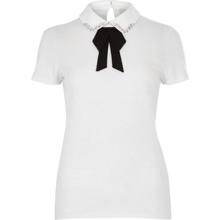 White rib embellished collar T-shirt | RiverIsland
