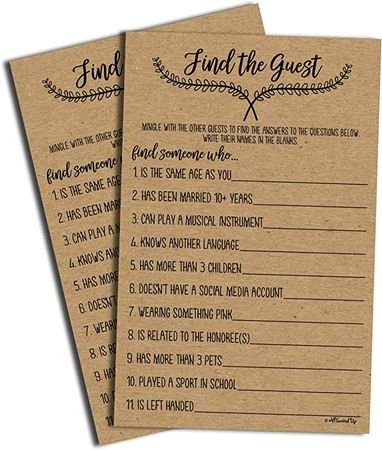 Amazon.com: Find the Guest Game - Kraft (50-Sheets) Rustic Bridal Wedding Shower or Bachelorette Party Game, Printed Engagement Rehearsal (Large Size Sheets) : Home & Kitchen