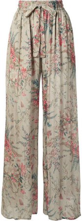 Bayou Shirred Floral-print Silk-crepon Pants - Light gray