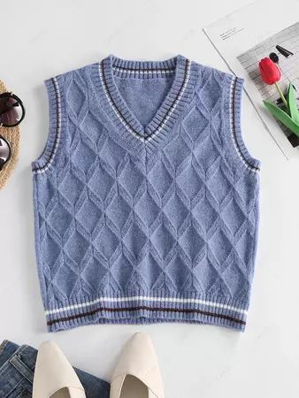ZAFUL Striped Rhombus Knit Vest Sweater In BLUE | ZAFUL 2024