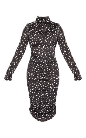 Black Dalmatian Print High Neck Ruched Midi Dress | PrettyLittleThing USA