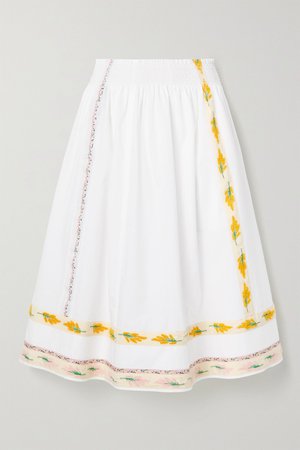 Ivory Grosgrain-trimmed embroidered cotton-poplin midi skirt | Tory Burch | NET-A-PORTER