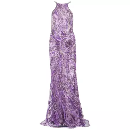 New Atelier Versace Wisteria Purple Silk Fully Beaded Dress Gown For Sale at 1stDibs