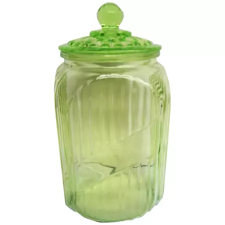 Green Depression Glass Ribbed Lidded Canister - Ruby Lane