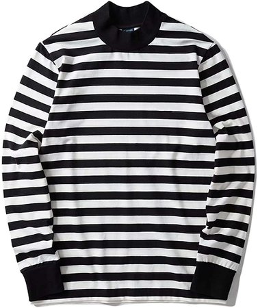Zengjo Mock Turtleneck Striped Long Sleeve Shirt for Men(XL, Black&White Wide(Plain)) at Amazon Men’s Clothing store