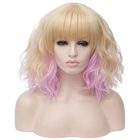 Alacos Fashion 35cm Short Curly Bob Anime Cosplay Wig Daily Party Christmas Halloween Synthetic Heat Resistant Wig for Women +Free Wig Cap (Blonde Ombre Purple Brow-Skimming Bangs)