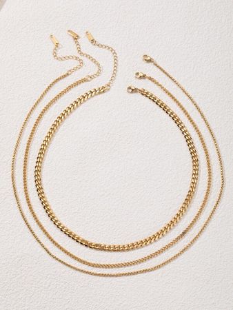 3pcs/set Stylish Stainless Steel Women's Zigzag Necklace, 14k Gold Plated Snake Chain Necklace, Simple Gold Tone Layered Chain Necklace, Girls' Gold Color Jewelry Gift, Present | SHEIN USA