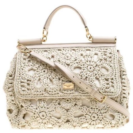 Dolce & Gabbana Off-White Crochet Miss Sicily Top Handle Bag