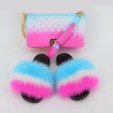 Woman Real Fur Slides Fluffy Slippers with Jelly Bags Sets – Adbeauty Store