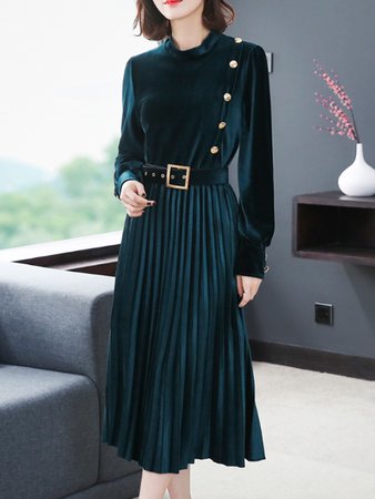 Contrast Solid Color O-Neck Long Sleeves Pleated Dresses with Free Shipping | jollyhers