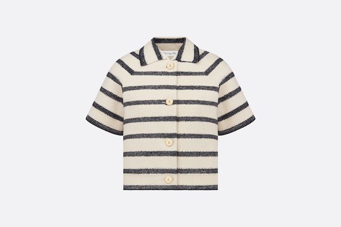 Short-Sleeved Jacket Navy Blue and Ecru Technical Cotton and Wool Knit with D-Stripes Motif | DIOR