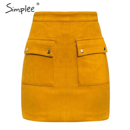Simplee Vintage pockets yellow mini skirts womens Solid high waist slim suede female skirts Retro ladies streetwear skirt 2019-in Skirts from Women's Clothing on Aliexpress.com | Alibaba Group