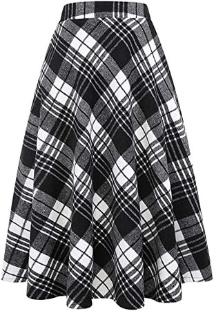 Plaid Wool Skirts Elastic Waist A-Line Pleated Tartan Midi Skirts