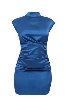 Blue High Neck Sleeveless Ruched Satin Bodycon Dress - Bodycon Dresses - Dresses - Womens Clothing | PrettyLittleThing USA