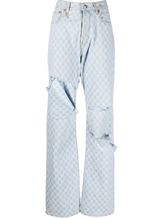 R13 Ripped checkerboard-print straight-leg Jeans - Farfetch