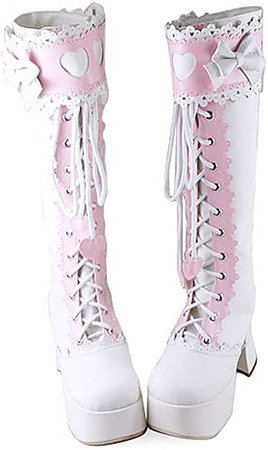 Antaina Mid Heel White PU Round Toe Bows Sweet Chunky Lolita Flatform Boots | Boots