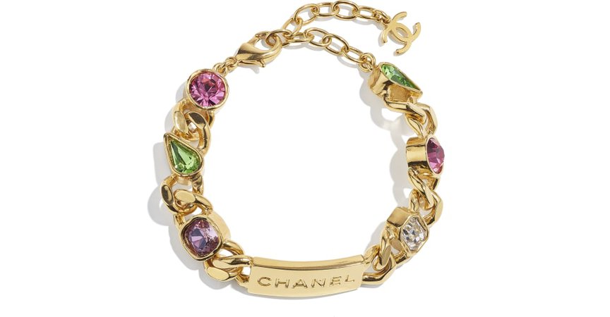 Bracelet, metal & strass, gold, crystal, pink, purple & green - CHANEL