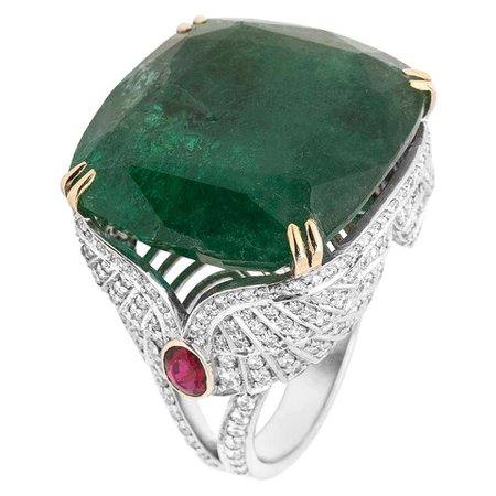 18 Karat White Gold Emerald Ruby and Diamond Cocktail Ring